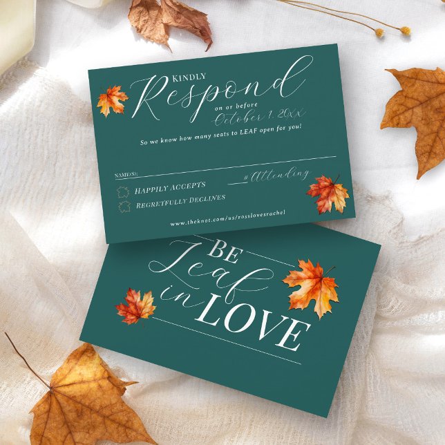 Be Leaf In Love Fall Leaves Teal Rust Wedding RSVP Card (Be Leaf In Love Elegant fall maple leaves jewel tone teal rust terracotta orange wedding RSVP card)