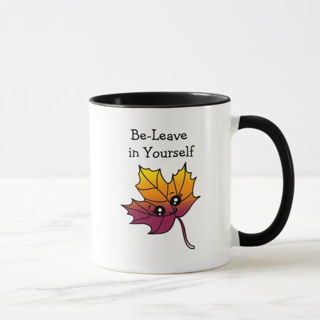 Be-Leave in Yourself, Autumn Pun Hand drawn Leaf Mug (Right)