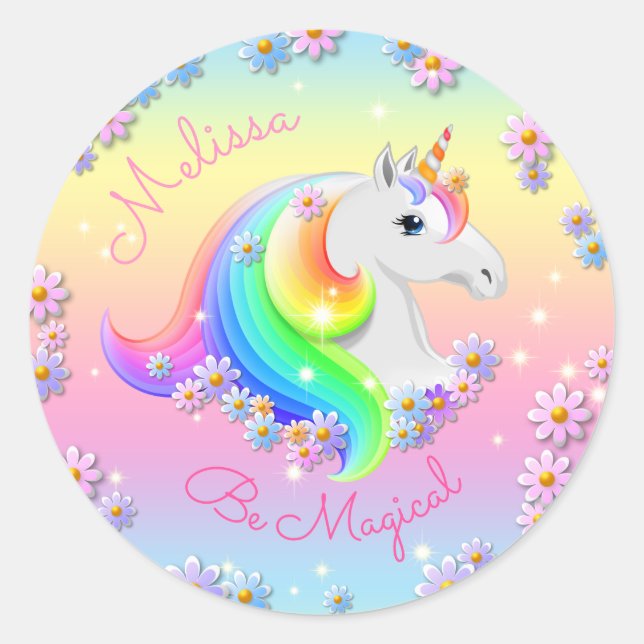 Be Magical Unicorn Personalized Girls Party Classic Round Sticker (Front)