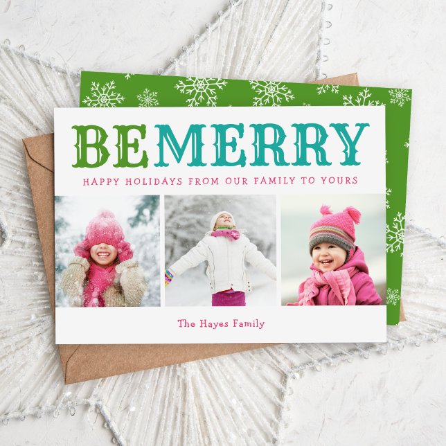 Be Merry | 3 Photo Collage Editable Colours Flat Holiday Card (Creator Uploaded)