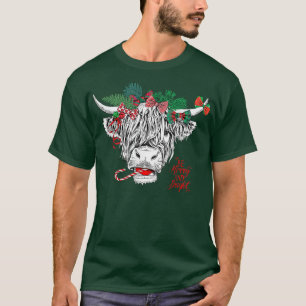 Be Merry And Bright Christmas Highland Cow Farming T-Shirt