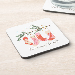 Be Merry and Bright Red & White Christmas Holiday Coaster