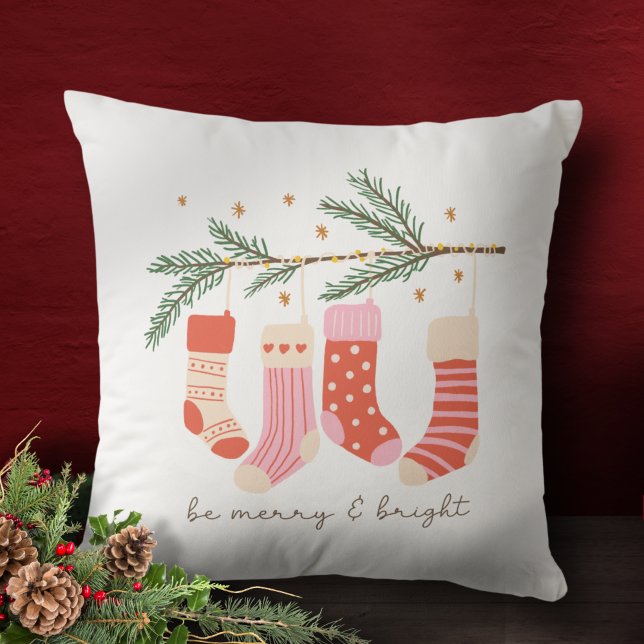 Be Merry and Bright Red & White Christmas Holiday Throw Pillow (Creator Uploaded)