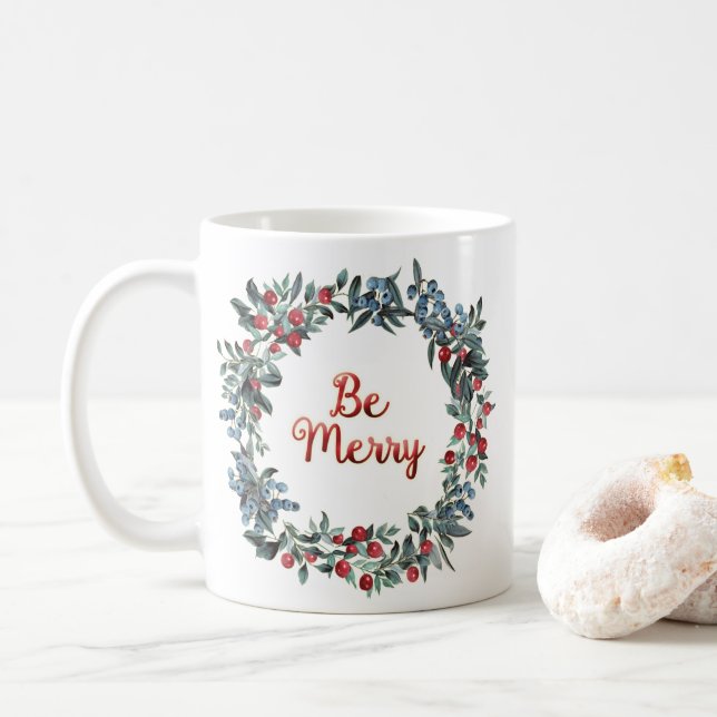 Be Merry! Blue and Red Christmas Berries Wreath Coffee Mug (With Donut)