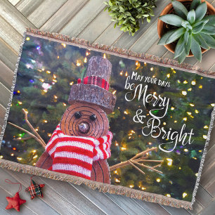 “Be Merry & Bright” Happy, Cute Rustic Log Sno Throw Blanket