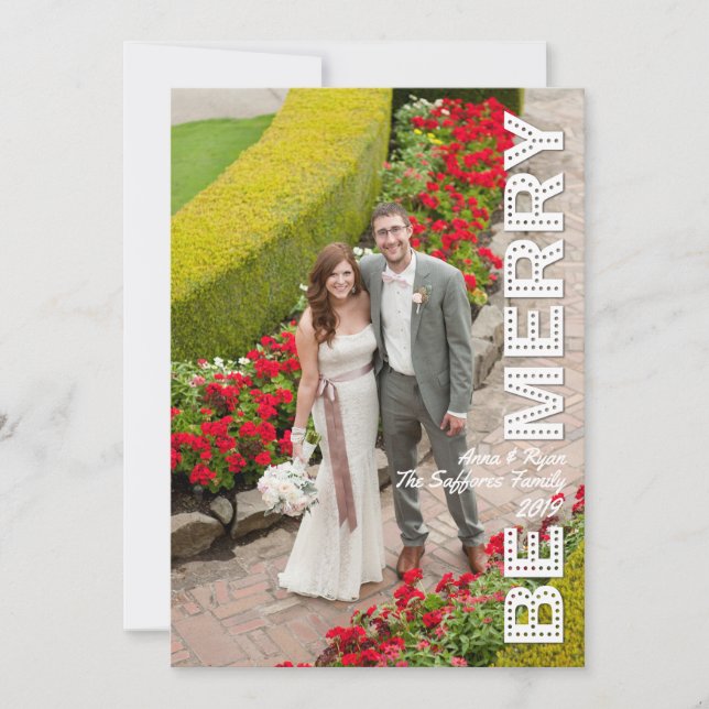 Be Merry Christmas Red Holiday Photo Card (Front)