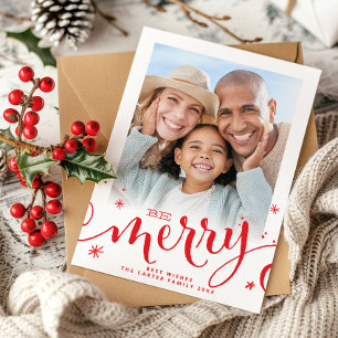 BE MERRY family photo fun modern calligraphy red Announcement