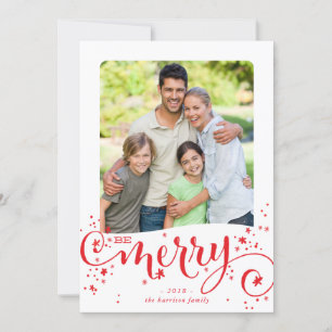 BE MERRY FAMILY photo modern fun script red Holiday Card