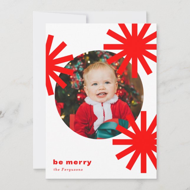 Be Merry Fun White Red Pompoms Holiday Card (Front)