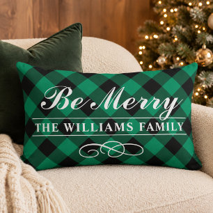 Be Merry Green Buffalo Plaid Family Monogram Lumbar Pillow
