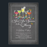 Be Merry Holiday Cocktail Party Invitation<br><div class="desc">Chalkboard Tis the season to be merry christmas cocktail party invitation featuring a martini glass, champagne flute, brandy glass with a gold star, peppermint candy, candy cane, snowflake and holly leaf with a string of bright & colourful christmas lights. Modern & fun holiday invitation set on a trendy chalkboard background...</div>