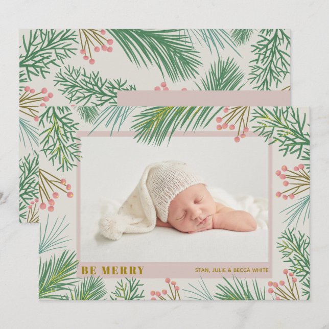 Be Merry Holiday Photo Birth Announcements (Front/Back)