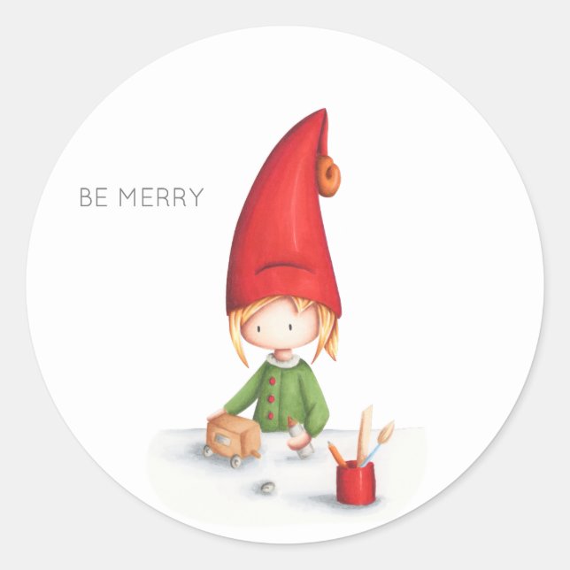 Be Merry Minimalist Elf Working Making Toys Classic Round Sticker (Front)