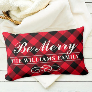 Be Merry Modern Red Buffalo Plaid Family Monogram Lumbar Pillow