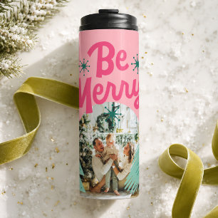 Be Merry Pink Scribble Holiday Tree Arched Photo Thermal Tumbler