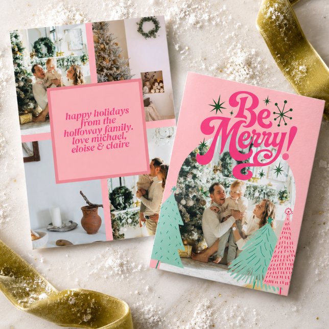 Be Merry Pink Scribble Tree Arched Photo  Holiday Card (Be Merry Pink Scribble Tree Arched Photo Holiday Card)