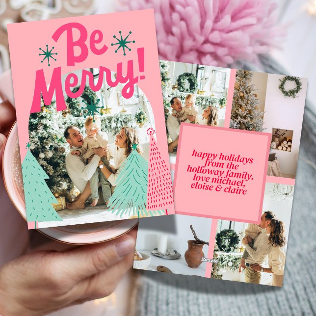 Be Merry Pink Scribble Tree Arched Photo  Holiday Card (Send cheer with this bold and playful holiday card.)