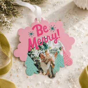 Be Merry Pink Scribble Tree Arched Photo Ornament Card