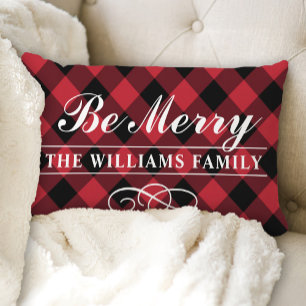 Be Merry Red Buffalo Plaid Family Monogram Lumbar Pillow