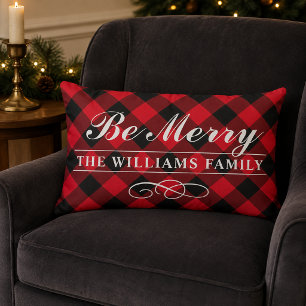 Be Merry Red Buffalo Plaid Family Monogram Lumbar Pillow