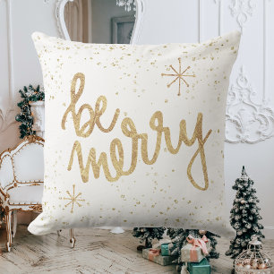 Be Merry - White and Gold - Christmas Throw Pillow