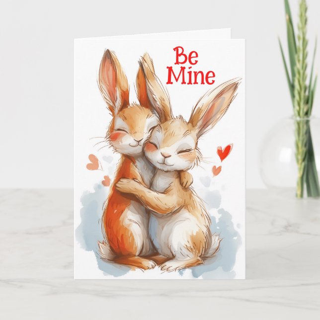 Be Mine: Adorable Bunnies Hugging Card (Front)