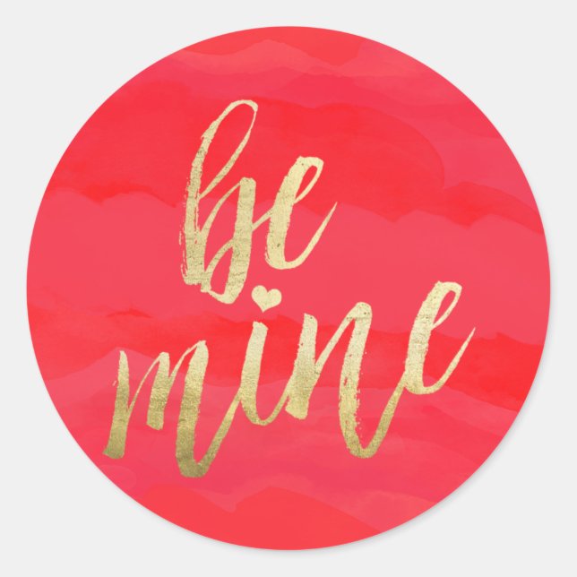 Be Mine Gold and Red Watercolor Classic Round Sticker (Front)