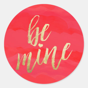 Be Mine Gold and Red Watercolor Classic Round Sticker