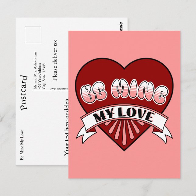 Be Mine My Love Retro Valentines Day Red Heart Postcard (Front/Back)