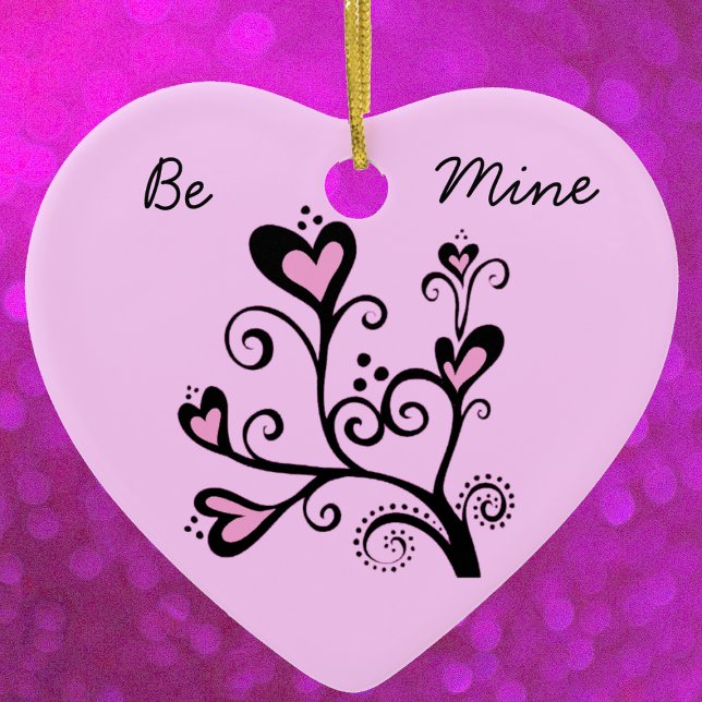 Be Mine Valentine Pink Heart Tree Ceramic Ornament (Black branch with pink heart shaped flowers and swirls on Be mine pink heart shaped ornament.)