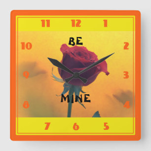 BE MINE Valentine Red Rose Square Wall Clock