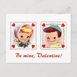 Be Mine Valentine Retro Cute Boy and Girl Holiday Postcard