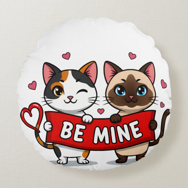 BE MINE Valentine's Cats | Cute Kittens with Love Round Pillow (Front)