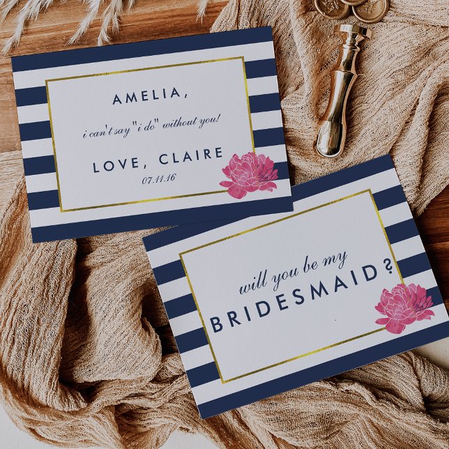 Be My Bridesmaid Card | Navy Stripe & Pink Peony (Creator Uploaded)