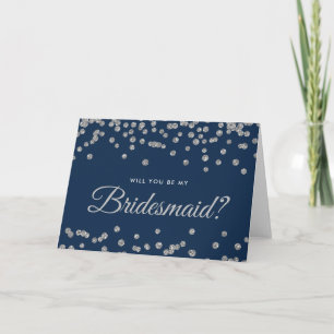 Be My Bridesmaid Silver Glitter Confetti Navy Blue Invitation