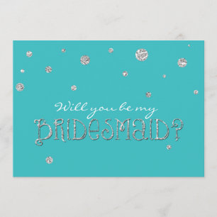 BE MY BRIDESMAID Turquoise Silver Glitter Card