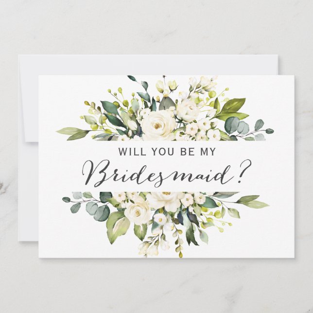 Be My Bridesmaid White Roses Floral Bouquet Invitation (Front)