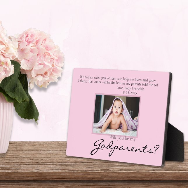 Be My Godparents Proposal Pink Memorial Photo Plaque (Creator Uploaded)