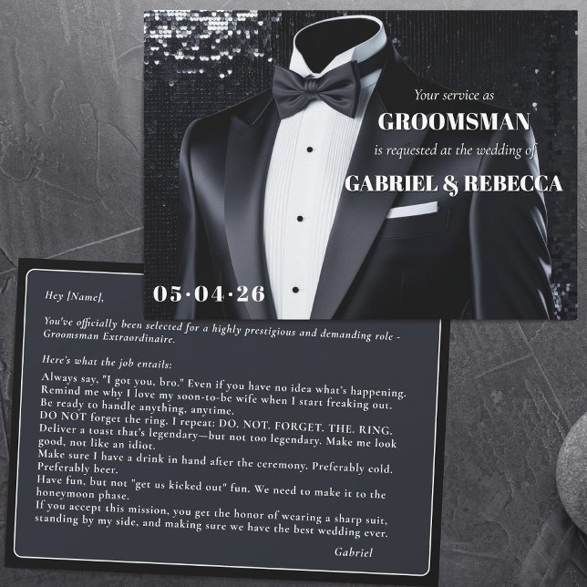 Be my groomsman request description black bow tie invitation (Creator Uploaded)