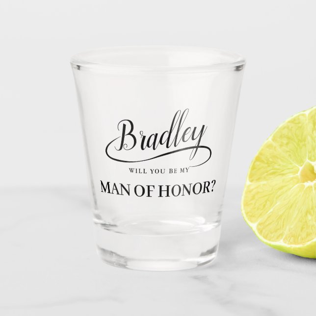 Be My Man of Honour Handwritten Swash Calligraphy Shot Glass (Front)