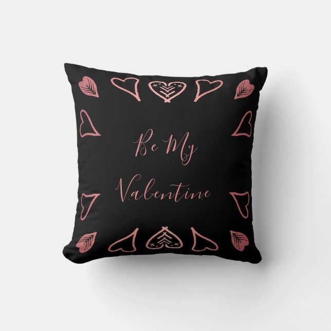 Be My Valentine | Black Rose Gold Heart Throw Pillow (Front)