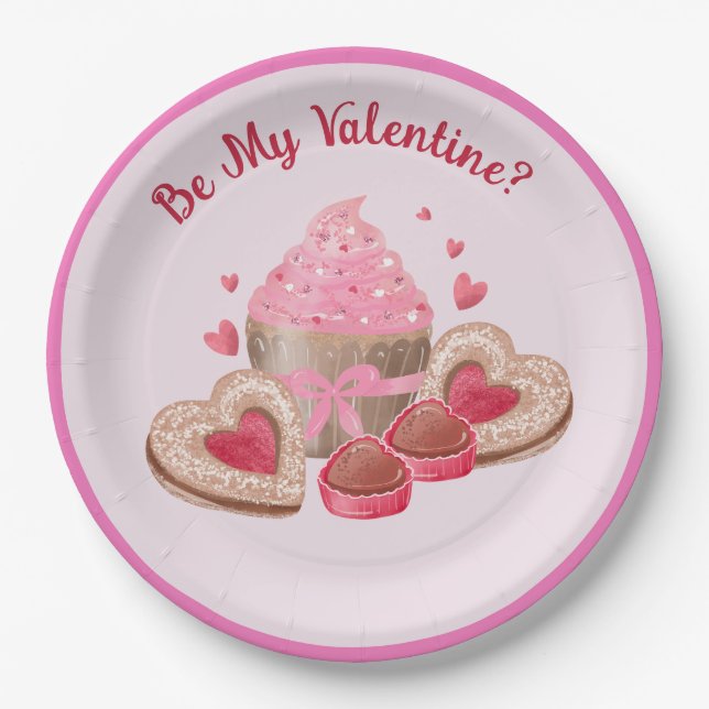 Be My Valentine Cup Cakes, Cookies and Sweets Paper Plate (Front)