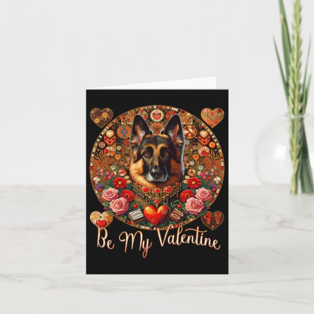 Be My Valentine Dog Flower Red Heart Day- German S Card (Front)