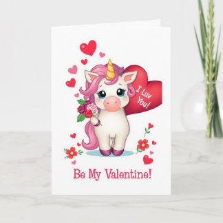 Be My Valentine! I Luv You! Valentines Unicorn Holiday Card