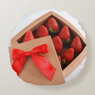 Be my Valentine red bow Strawberries gold box Round Pillow