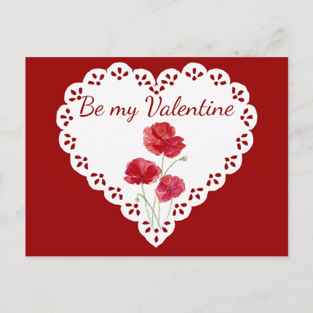 Be My Valentine Red Poppy Flower Heart Postcard (Front)