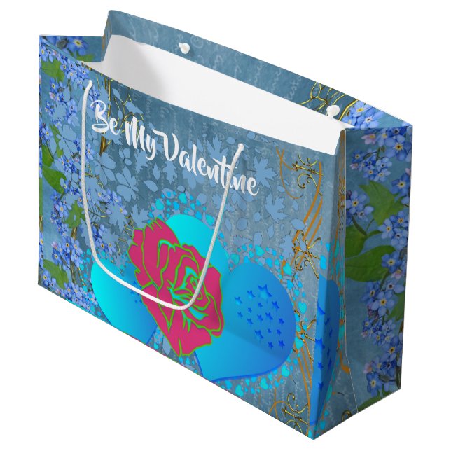 Be My Valentine Romantic Rose Sweeping Heart Blue  Large Gift Bag (Front Angled)