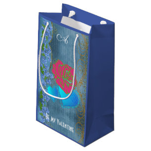 Be My Valentine Romantic Rose Sweeping Heart Blue Small Gift Bag