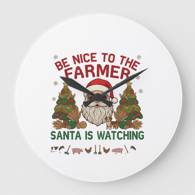 Be Nice Farmer Santa Christmas Farm Animals Large Clock (Front)