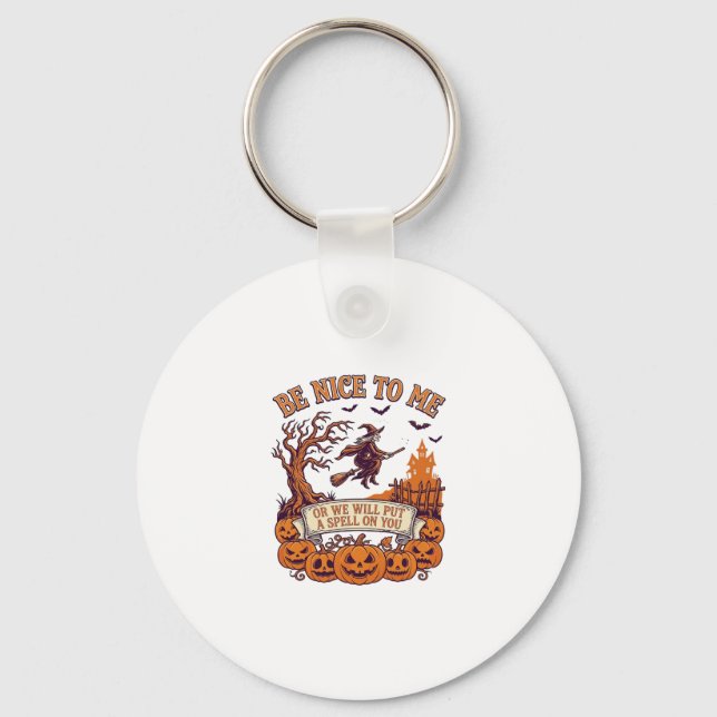 Be Nice Me Halloween Witch Broom Pumpkins_1 Keychain (Front)